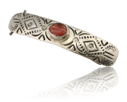 Women Navajo Hair Clip Barrette 925 Silver White Red Spiney Oyster Native Artist