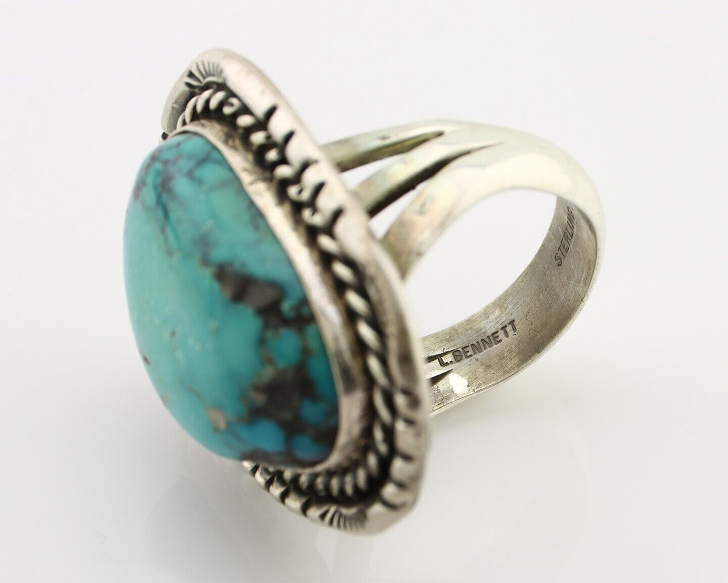 Navajo Ring .925 Silver Globe Turquoise Signed Lee Bennett C.80's