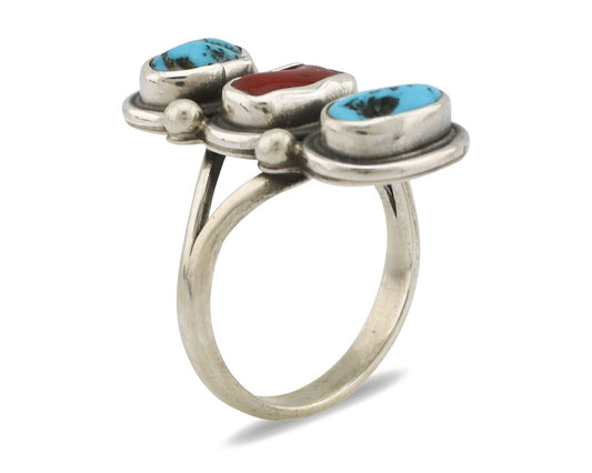 Navajo Ring 925 Silver Sleeping B Turquoise & Coral Native American Artist C.80s