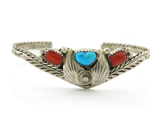 Navajo Cuff Bracelet Sterling Silver Turquoise & Coral Vintage Artist Handmade