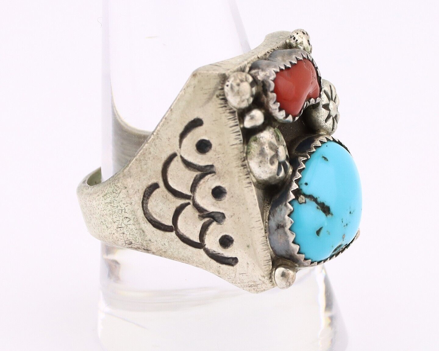 Navajo Ring 925 Silver Sleeping Beauty Turquoise & Coral Native Artist C.80s