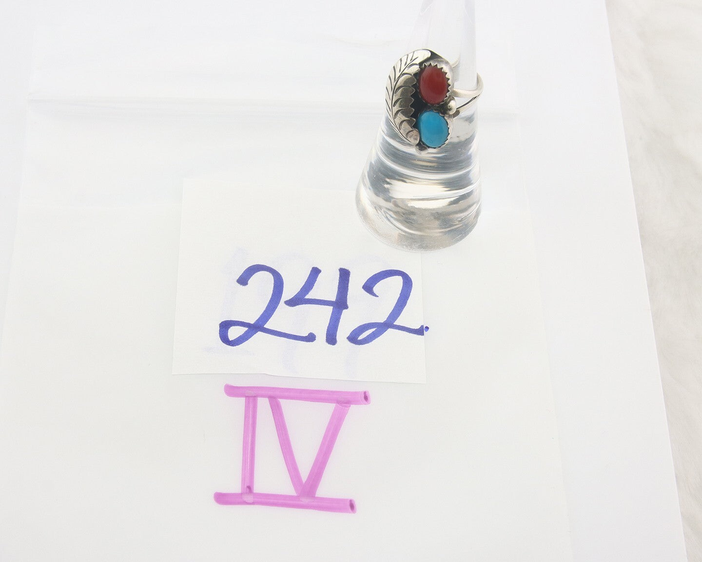 Navajo Ring 925 Sterling Natural Coral & Turquoise Signed BB C.80's Size 5.25