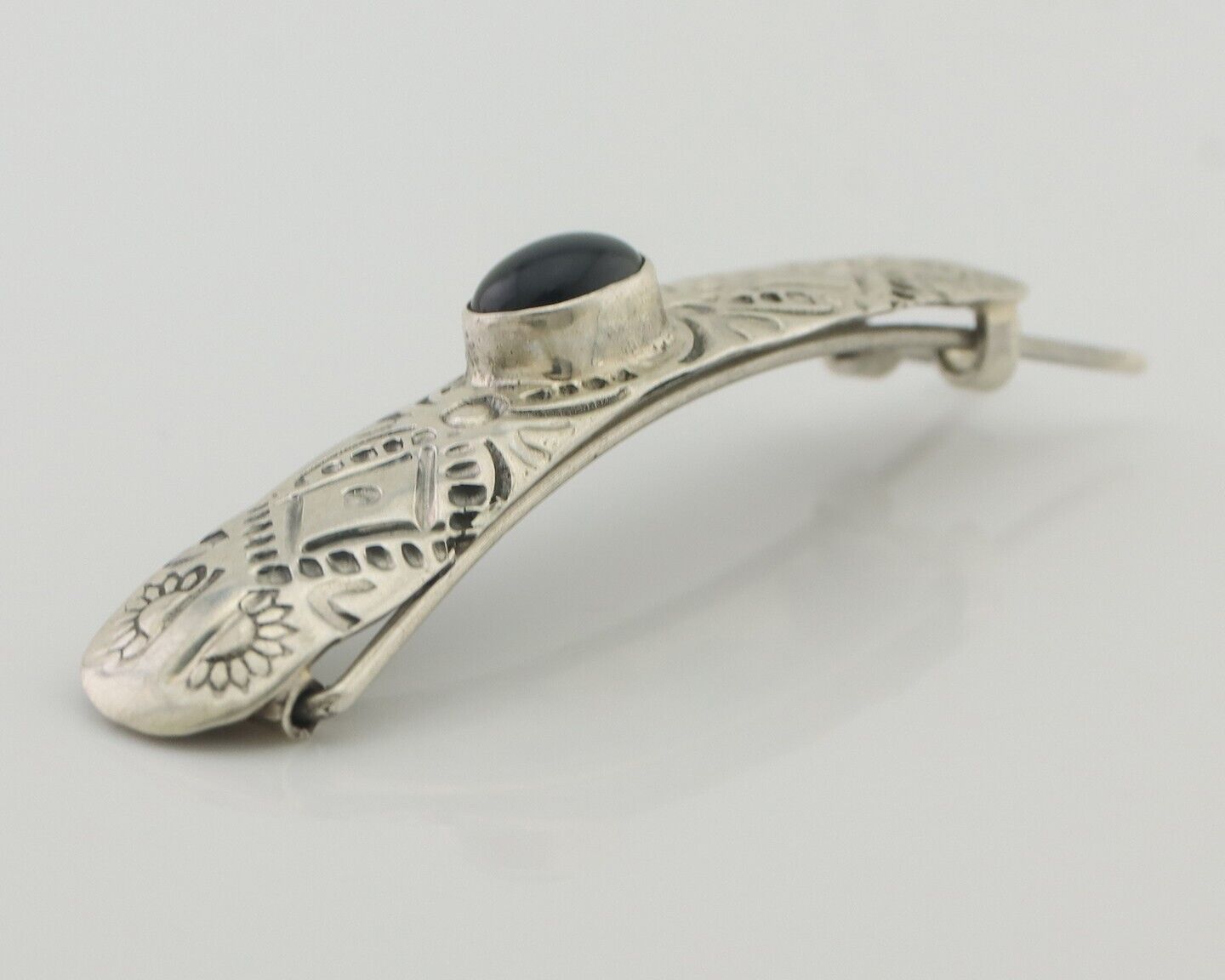 Women Navajo Barrette 925 Silver Hand Stamped Onyx Signed Native Artist C.80's