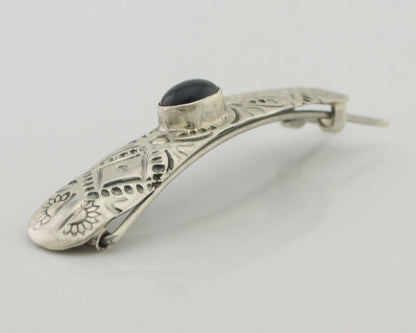 Women Navajo Barrette 925 Silver Hand Stamped Onyx Signed Native Artist C.80's