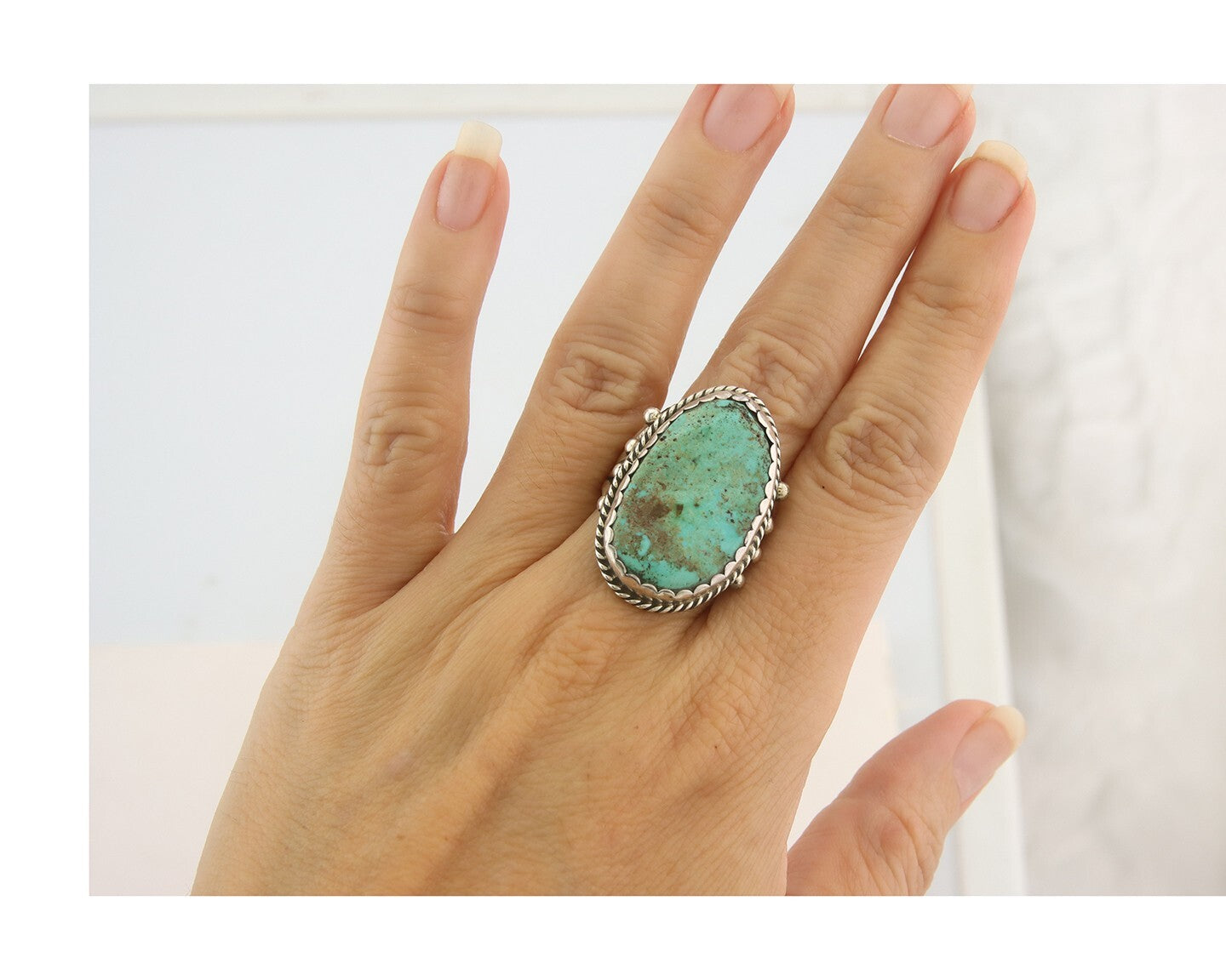 Vintage Navajo Ring 925 Sterling Turquoise Signed FG Size 8.25