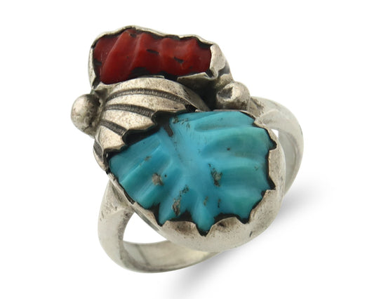 Vintage Zuni Ring 925 Silver Coral & Turquoise Signed Loyolita Tsottie