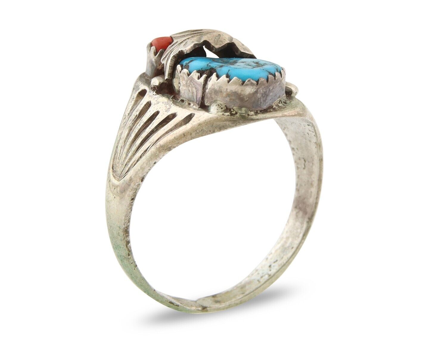 Navajo Ring 925 Sterling Turquoise & Coral Native Artist C.80's Size 9.25