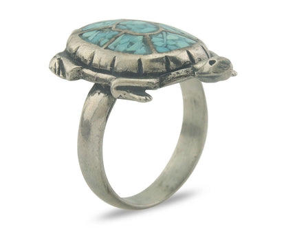 Navajo Ring 925 Silver Inlaid Turtle Turquoise C.80's Size 7.75