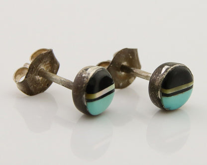 Navajo Earrings 925 Silver Inlaid Natural Onyx & Turquoise Native American C.80s