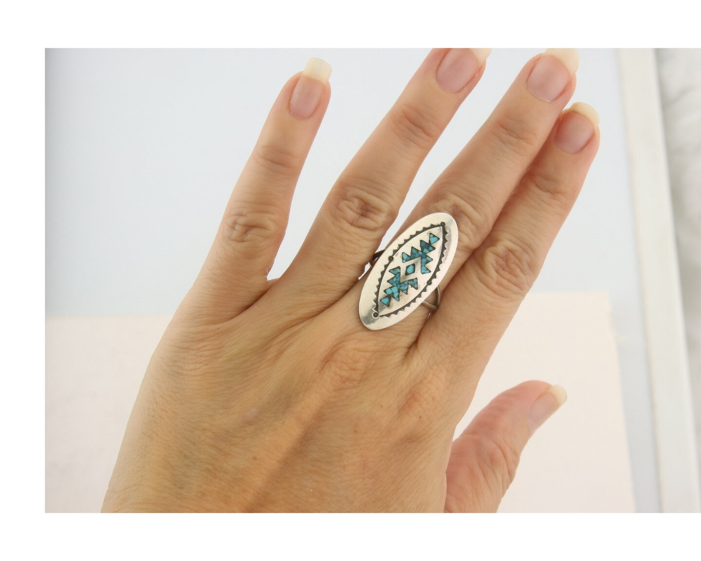 Vintage Navajo Ring 925 Sterling Turqouiuse Native American Artist Size 7.25