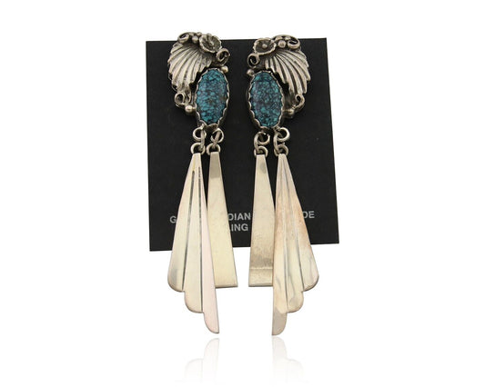 Navajo Dangle Earrings 925 Silver Natural Blue Turquoise Artist Signed M.S. C80s