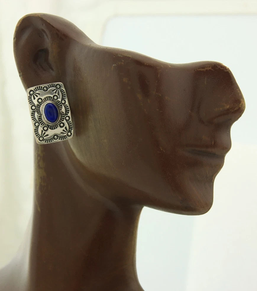Navajo Concho Earrings Sterling Silver Lapis Vintage Native Artist
