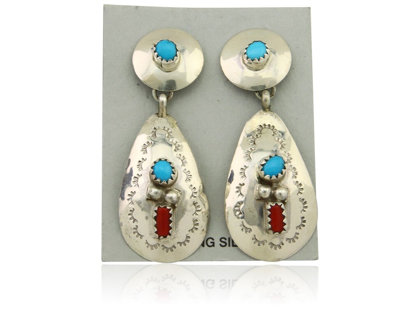 Navajo Earrings 925 Silver Turquoise & Coral Artist Signed Leeann Lee C.80's