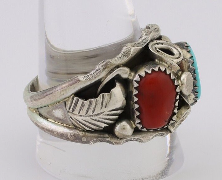 Navajo Ring 925 Silver Coral Turquoise Artist Signed Max Calabaza C.80's