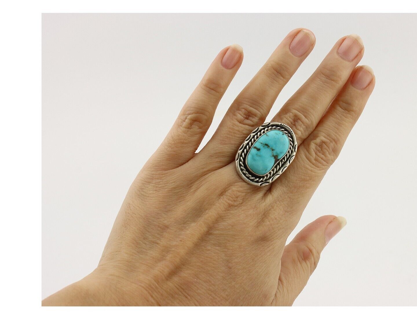 Navajo Ring .925 Silver Globe Turquoise Signed Lee Bennett C.80's