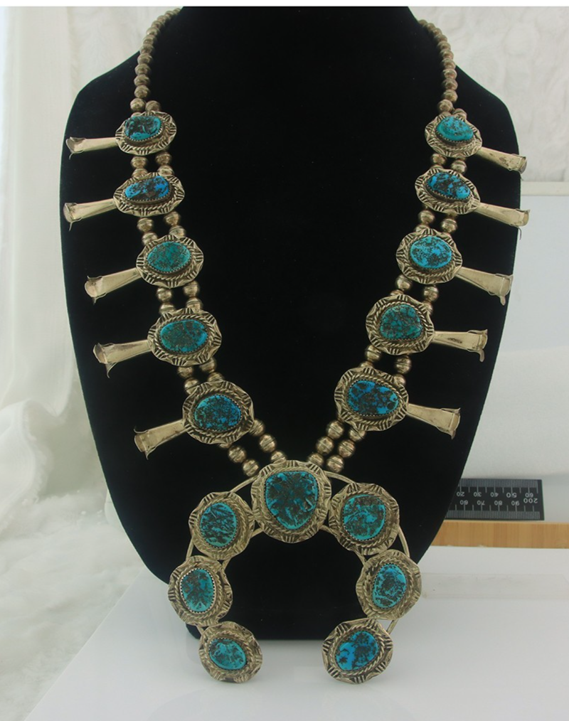 Navajo Sterling Silver Squash Necklace Authentic Nugget Turquoise Vintage Signed