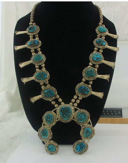 Navajo Sterling Silver Squash Necklace Authentic Nugget Turquoise Vintage Signed