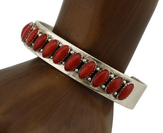 Navajo Bracelet 925 Silver Natural Red Coral Artist Signed Patrick Yazzie C.80's