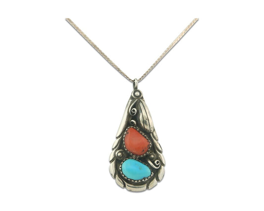 Vintage Navajo Necklace 925 Silver Turquoise & Coral Native Artist