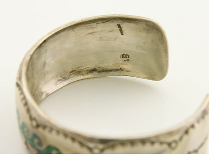 Men Navajo Bracelet 925 Silver Inlaid Coral & Turquoise Artist Signed LB C.80's