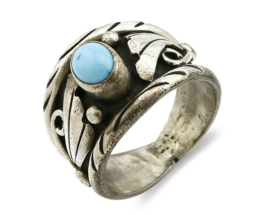 Navajo Ring .925 Silver Handmade Sleeping Beauty Turquoise Signed ELA C.80's