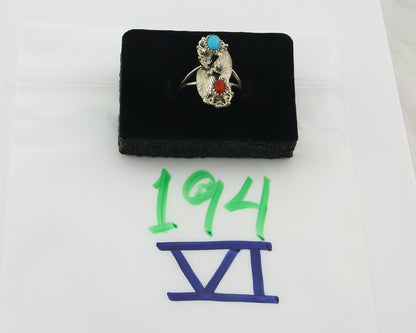 Navajo Ring 925 Sterling Silver Authentic Turquoise & Coral Signed WB Size 6.75