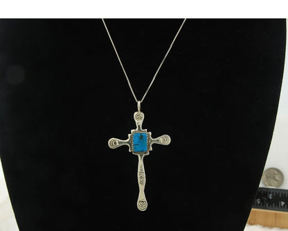 Navajo Cross Necklace Sterling Silver Turquoise Artist Signed LL Sand Cast