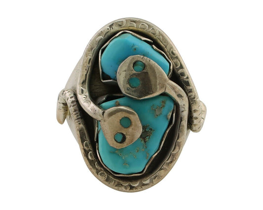 Mens Heavy Zuni Snake Ring 925 Silver Turquoise Signed EFFIE CALAVASA C.80's