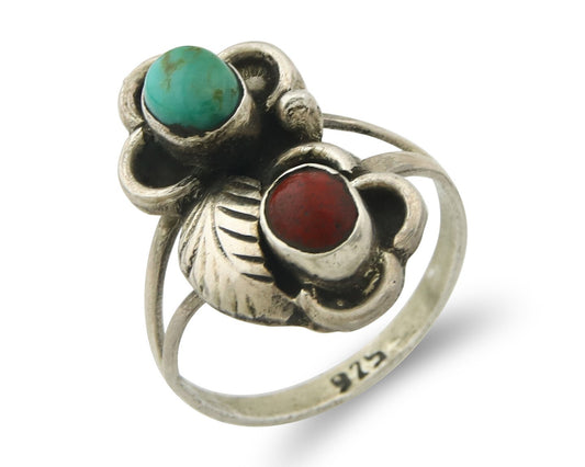 Vintage Navajo Ring 925 Sterling Silver Authentic Turquoise & Coral Size 6.75