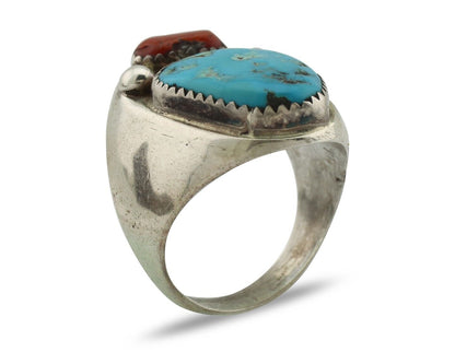 Navajo Ring 925 Silver Sleeping Beauty Turquoise & Coral Native Artist C.80s