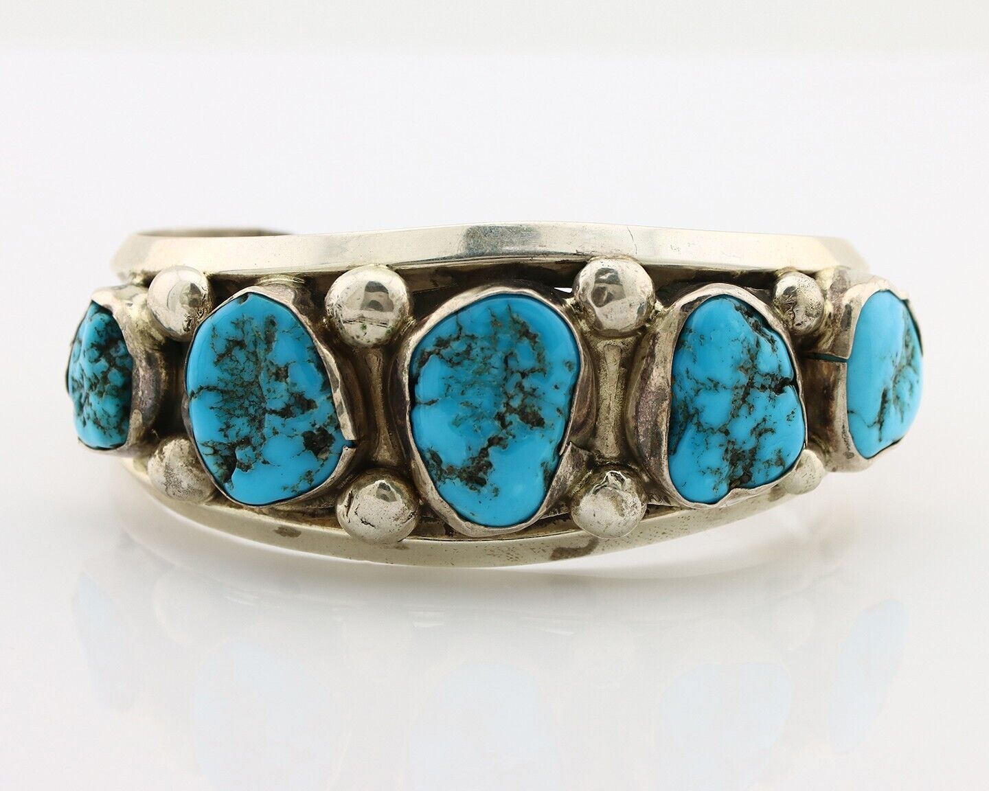 Navajo Bracelet 925 Silver Nugget Sleeping Beauty Turquoise Artist Signed JR C80