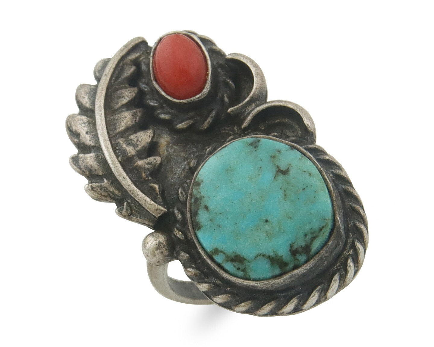 Navajo Ring 925 Sterling Natural Coral & Turquoise Native Artist C.80's Size 7.0