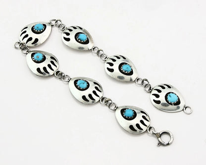 Navajo Paw Link Bracelet Sterling Silver Vintage Native Artist C.80's 7.5 in