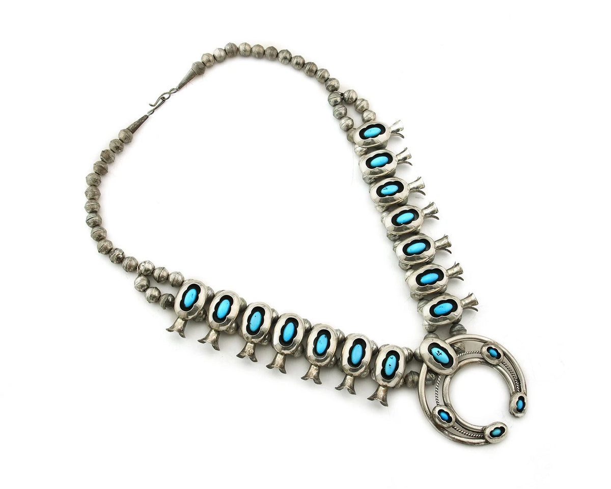 Navajo Squash Necklace Set Sterling Silver Turquoise Vintage Signed PG