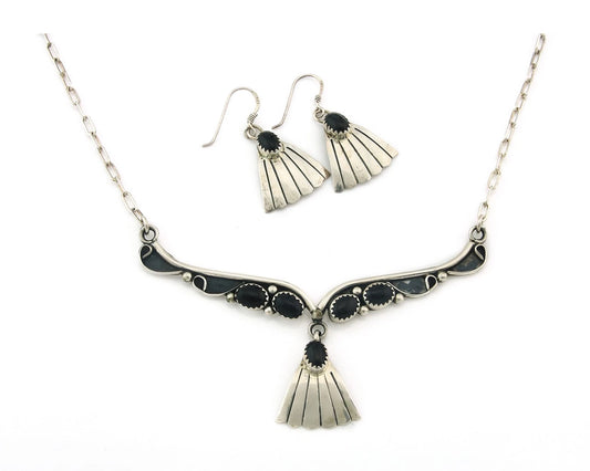 Navajo Necklace Earring Set Sterling Silver Onyx Vintage Native Artist
