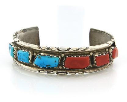 Zuni Cuff Bracelet Sterling Silver Natural Coral & Turquoise Signed Cheama