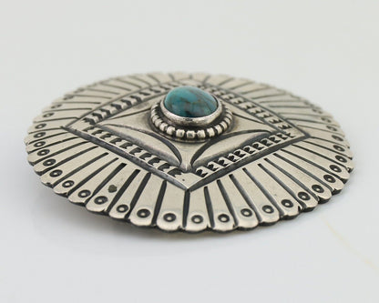 Navajo Pin 925 Silver Natural Turquoise Hand Stamped Native Artist C.80's