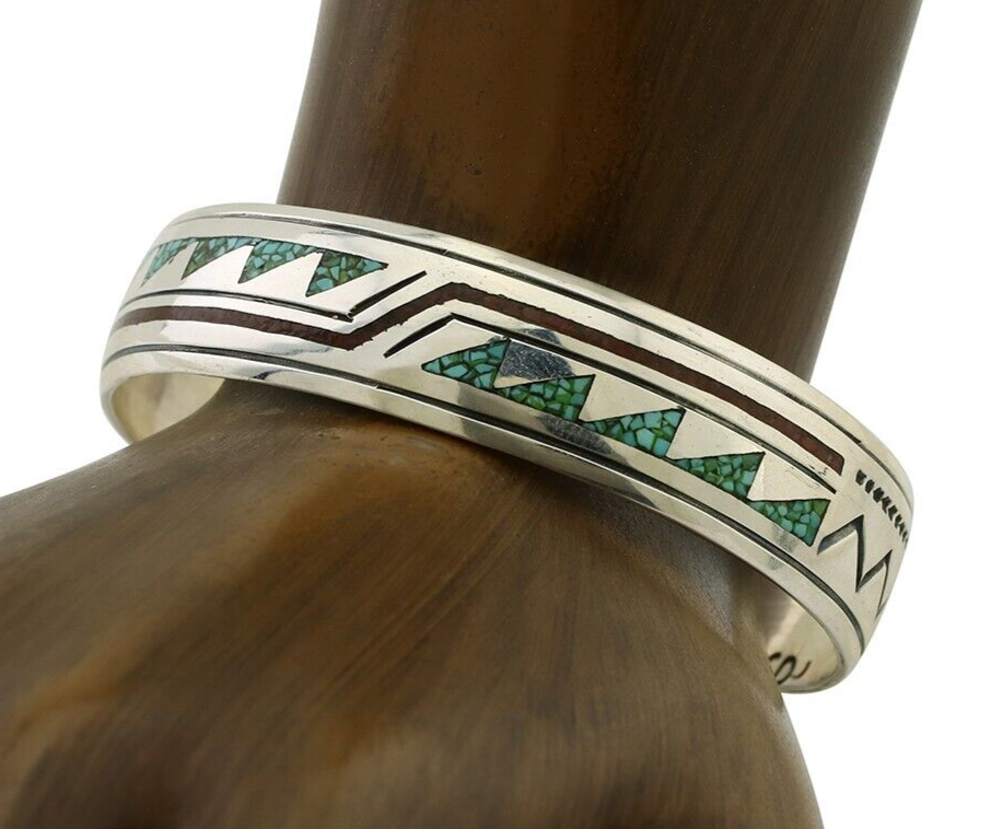 Navajo Inlay Bracelet 925 Silver Turquoise & Coral Signed Stanely Bain C.80's