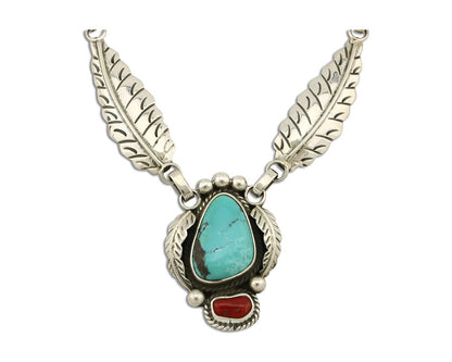 Navajo Necklace 925 Silver Turquoise & Coral Artist Signed Rabbit Stick C.2008