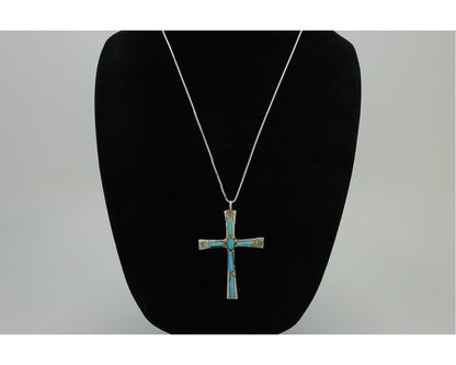 Zuni Cross Necklace 925 Silver Blue Turquoise Signed L IULI C.80's