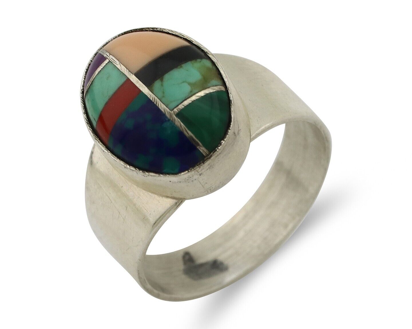 Zuni Inlaid Ring 925 Silver Mixed Natural Gemstones Native American Artist C.80s