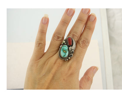Navajo Ring 925 Sterling Natural Coral & Turquoise Signed JM C.80's Size 8.5