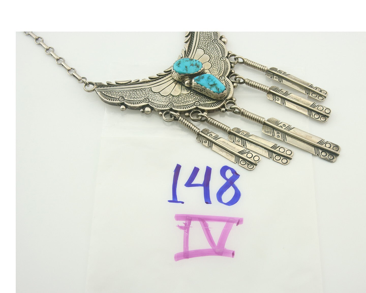 Vintage Navajo Bead Necklace 925 Silver Turquoise Hand Stamped Signed IHMJ