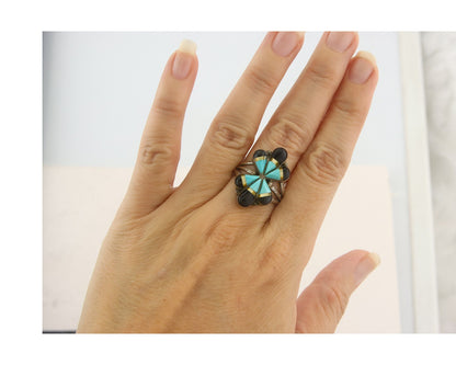 Vintage Navajo Ring 925 Sterling Gemstone Signed A Sunburst Size 8.25