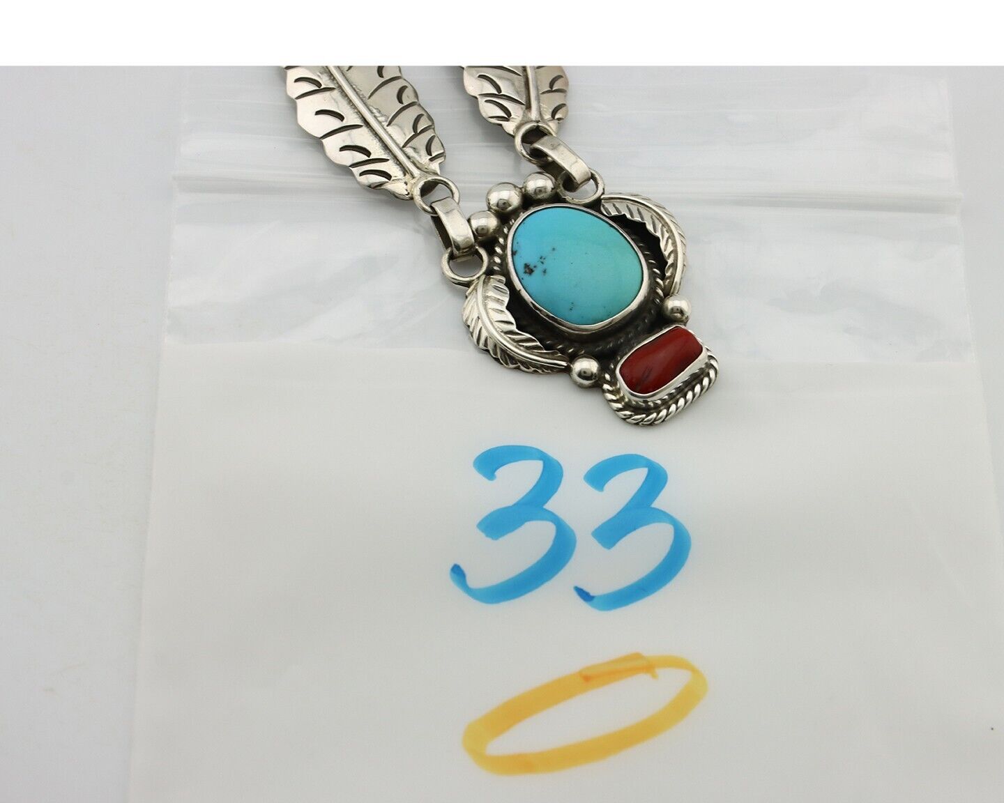 Navajo Necklace 925 Silver Turquoise & Coral Artist Signed Rabbit Stick C.2008