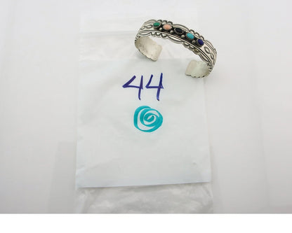 Navajo Cuff Bracelet Sterling Silver Natural Gemstone Vintage Signed W Denetdale