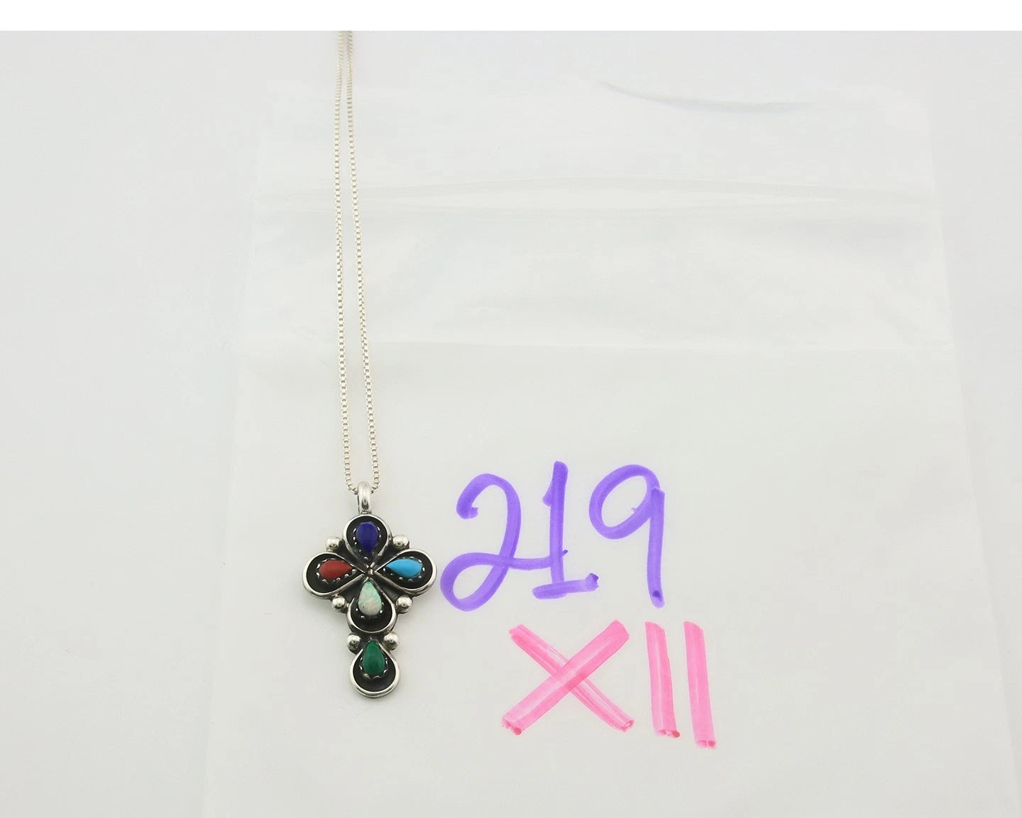 Navajo Cross Necklace Sterling Silver Natural Gemstones Artist Signed SL