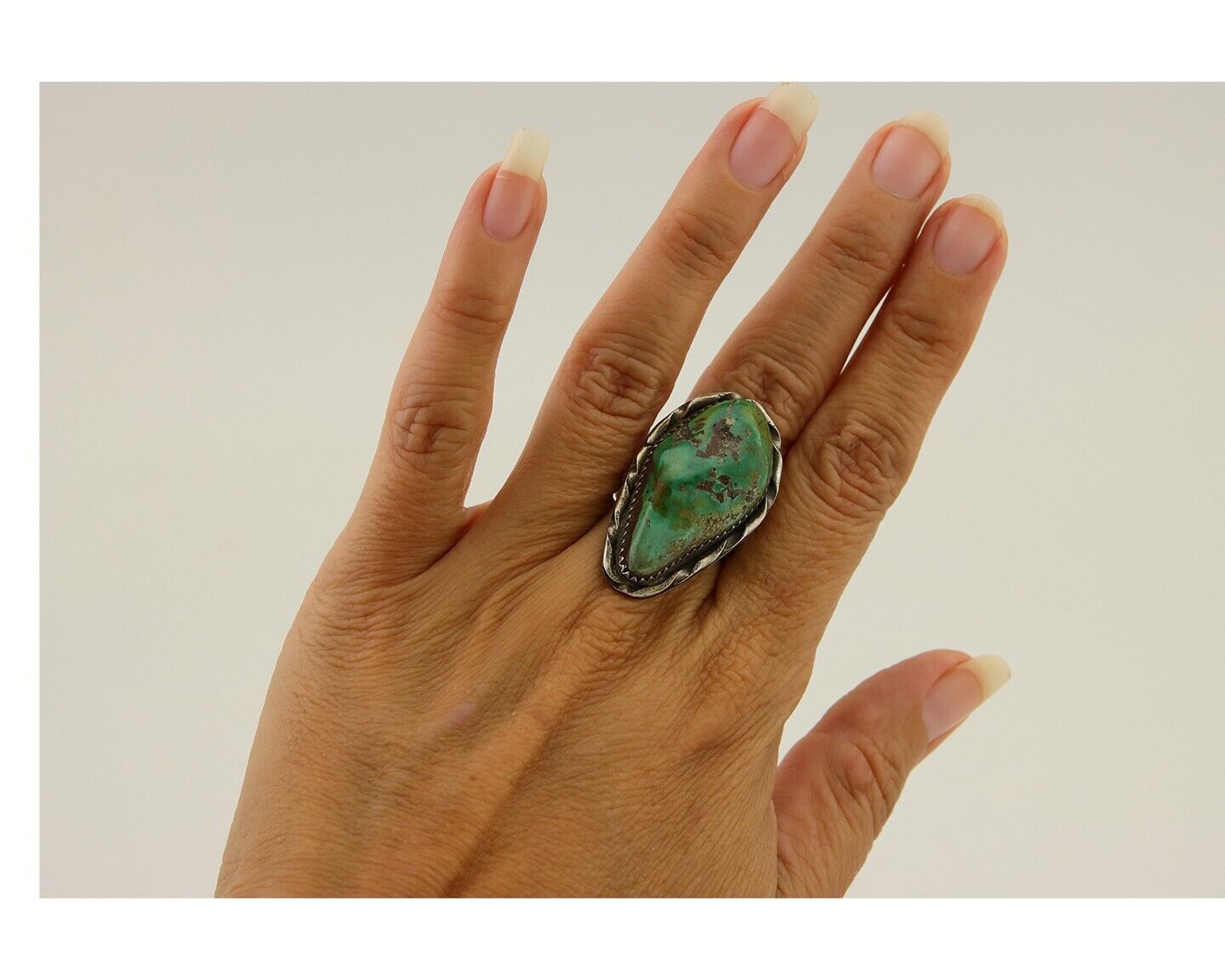 Navajo Ring 925 Sterling Silver Green Manassas Turquoise Signed AA C.80's