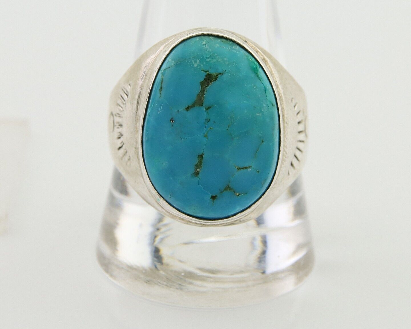 Men Navajo Hand Stamped Ring 925 Silver Arizona Turquoise Artist C.80's