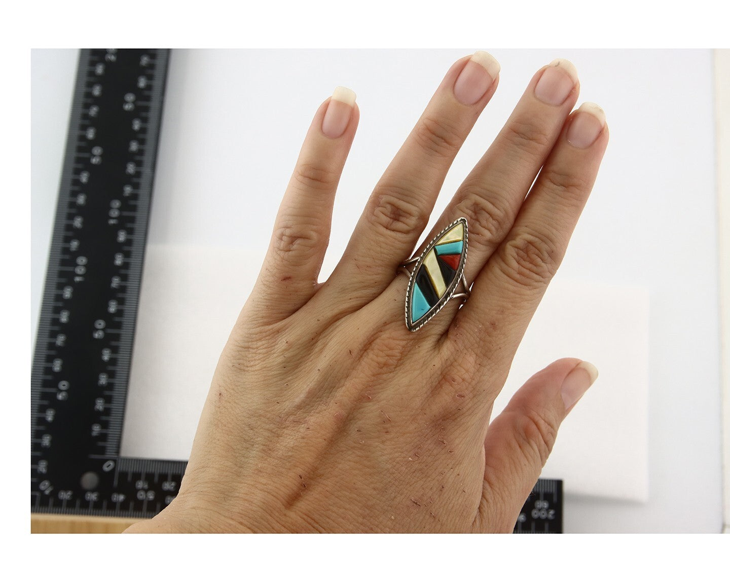 Vintage Zuni Ring 925 Sterling Silver Natural Gemstone Signed R & GT Size 7.5